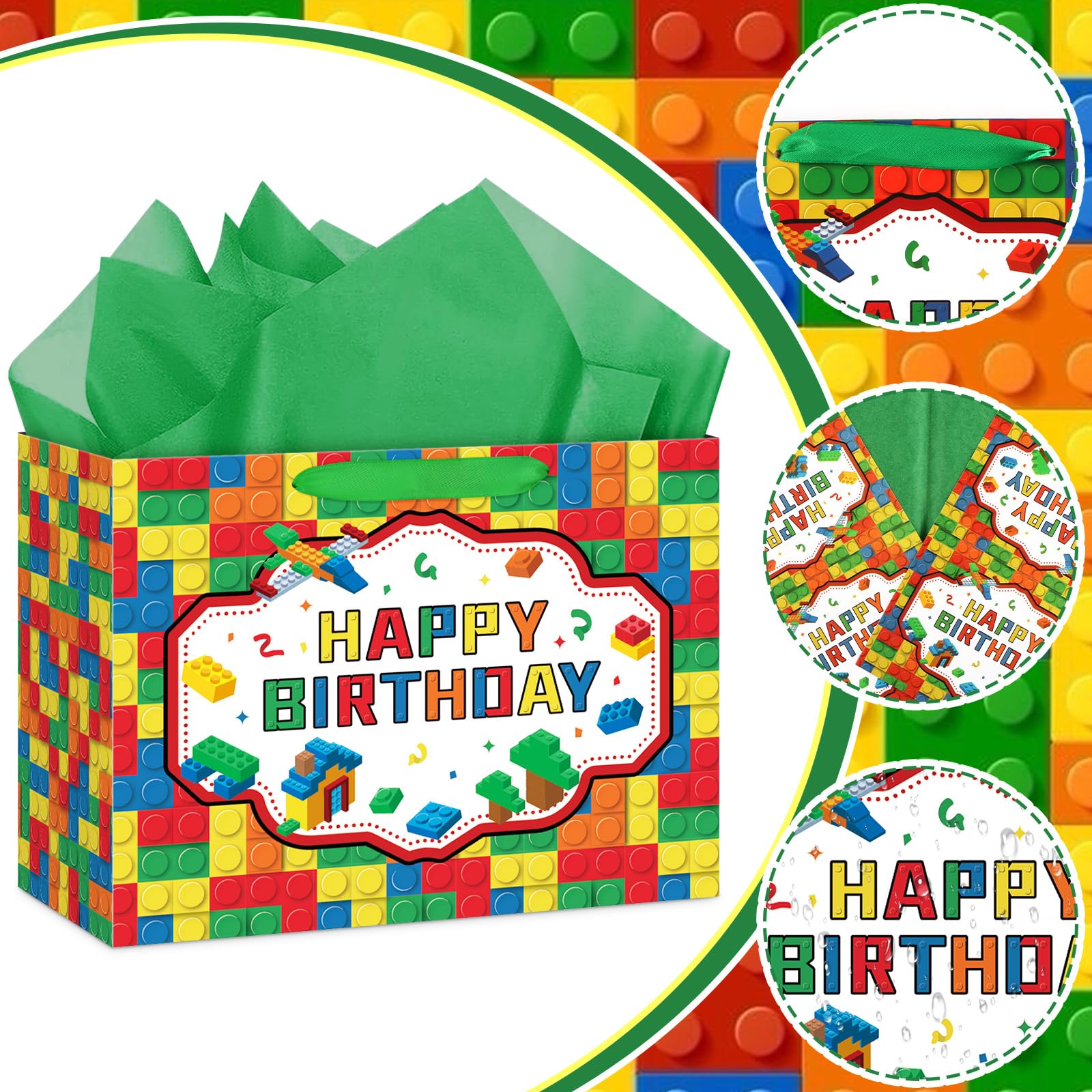 Hooqict Large Building Blocks Birthday Gift Bag Happy Birthday Gift Wrapping Bag with Handles, Tissue Paper, Greeting Card for Kids Boys Girls Building Bricks Theme Party Decorations Supplies