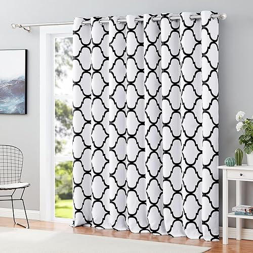 Melodieux Cortina opaca con ojales para oscurecer la habitación, estilo marroquí, para puerta de patio, 100 x 84 pulgadas, color blanco rotonegro (1