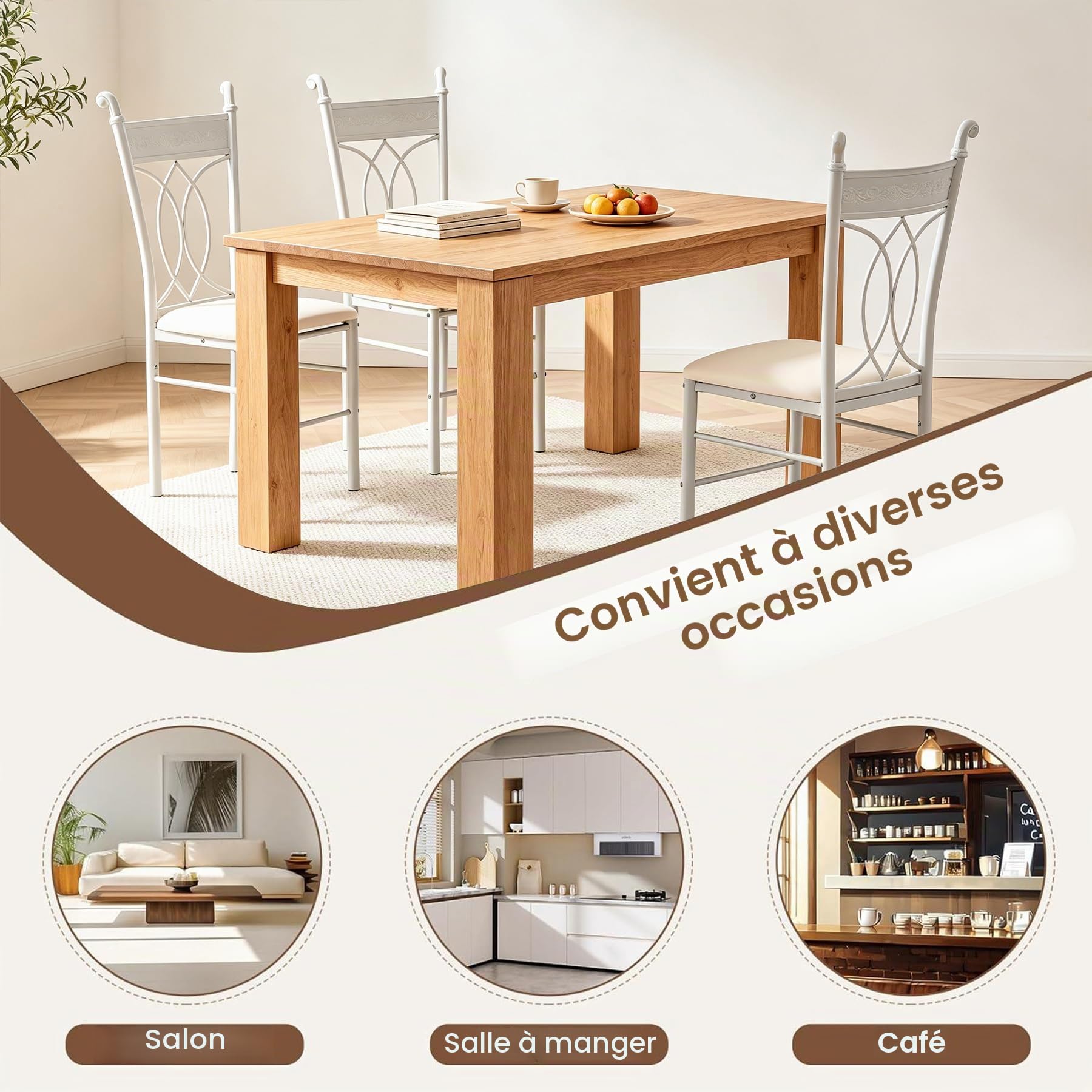 Chaises de Salle à Manger Lot de 4, Chaise de Cuisine avec Pieds en Métal, Assise Rembourrée en Cuir, Dossier Sculpté, Pieds Antidérapants, pour Salle à Manger, Salon, Jardin, Événements, Blanc