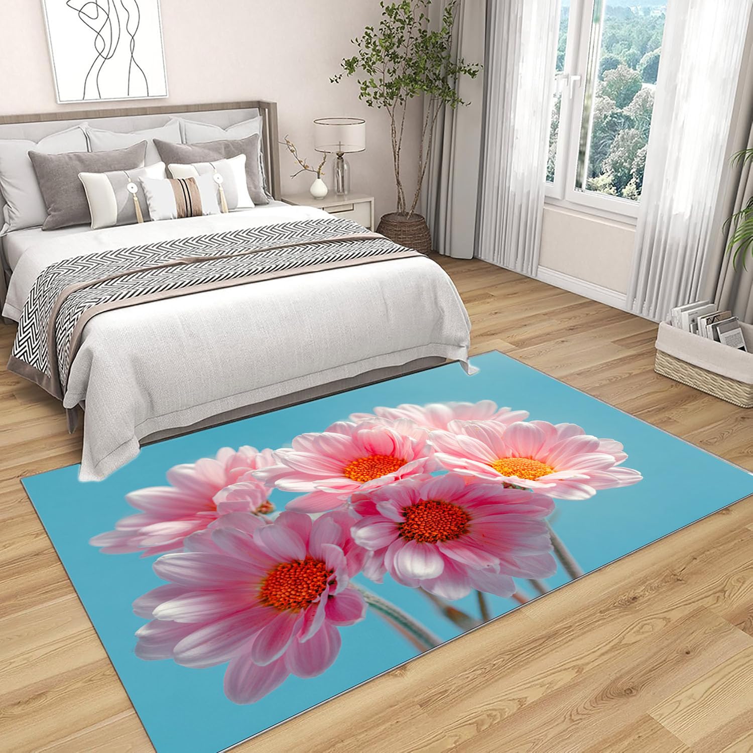Tapis de Salon Imprimé Coloré Marguerites en Poudre Tapis de Salon, Chambre Adulte Salle à Manger Bureau(Rose pâle)-90x120cm