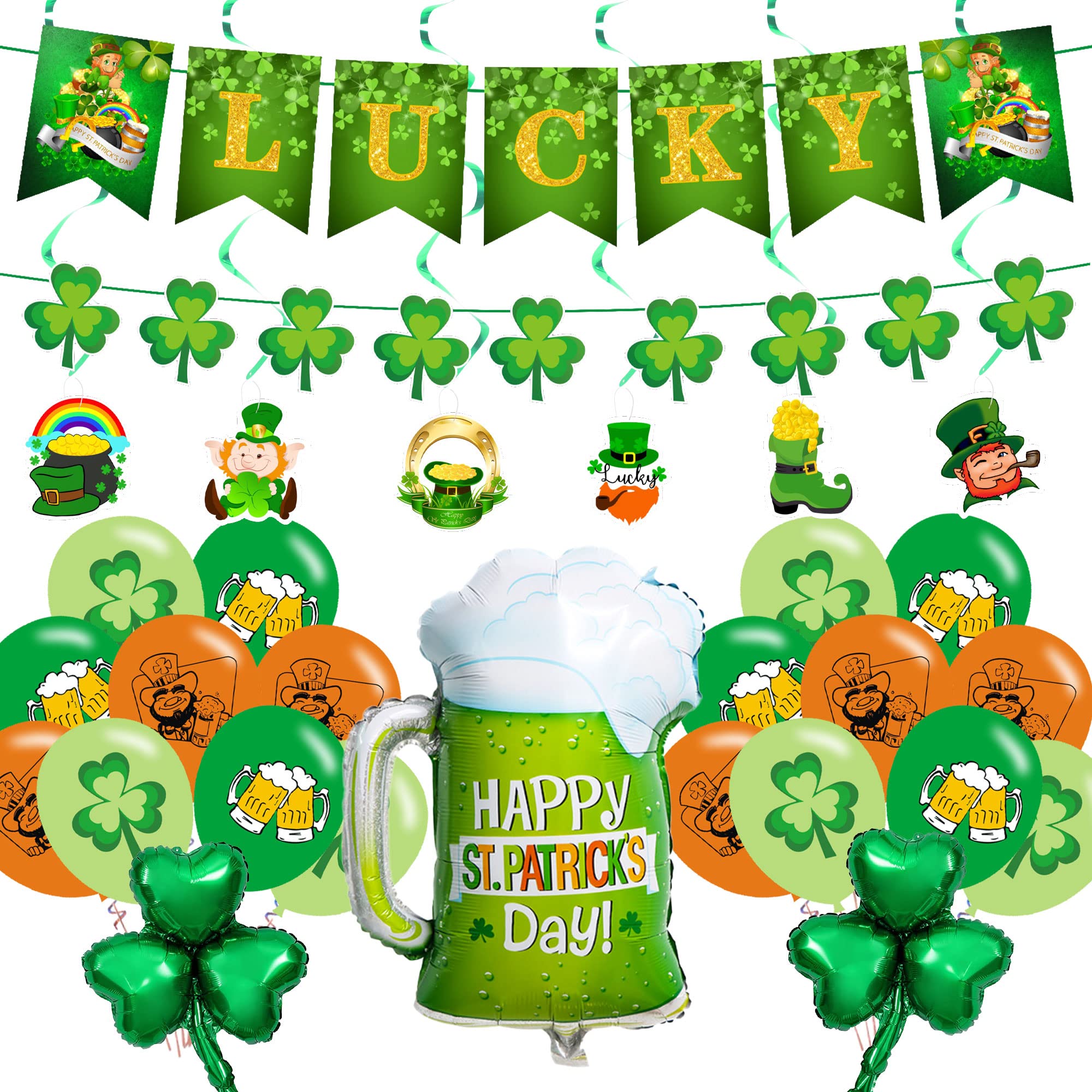 41Pcs St. Patricks Day Party Decorations with1 St. Patrick’s Day Banners,13 Cupcake Toppers,3 Foil Ballons ,18 Balloons,6 Spiral for St. Patricks Party Supply Set