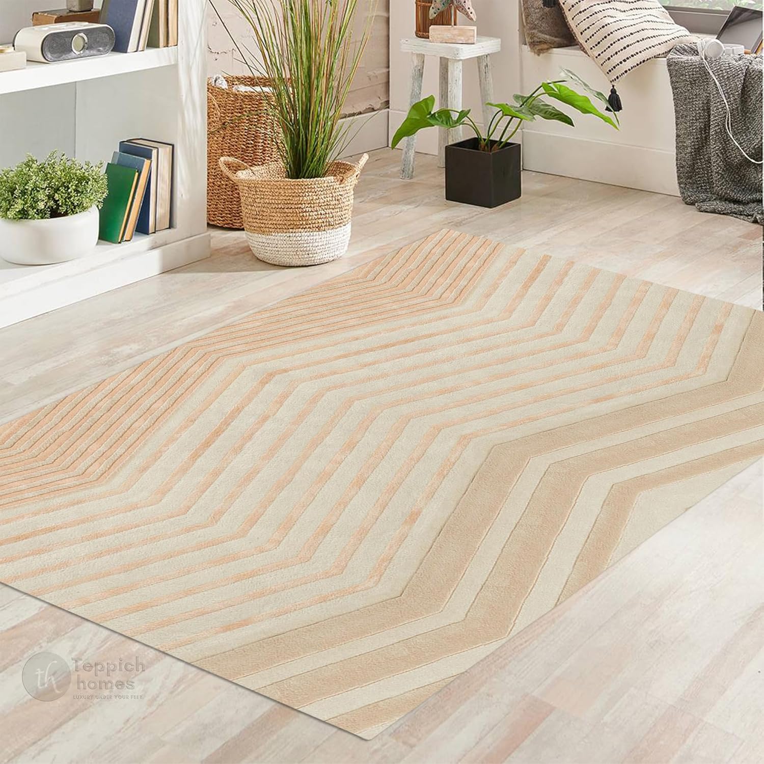 Handmade Hand-Tufted Wool Area Rug, Modern Geometric Beige & Peach Chevron Carpet for Living Room Bedroom Dining 7x10, 6x9, 8x10, 9x12 Sizes