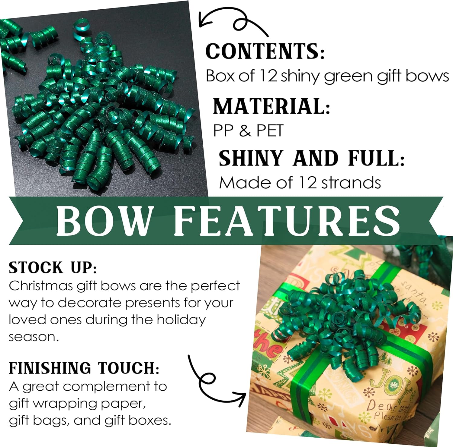 MEEDEE 5 Inch Green Self-Adhesive Linear Glitter Curly Gift Bows – Perfect for Christmas, Holiday, and All-Occasion Decorations on Gift Wrapping Paper, Gift Bags, and Boxes (12 Count) - Image 3