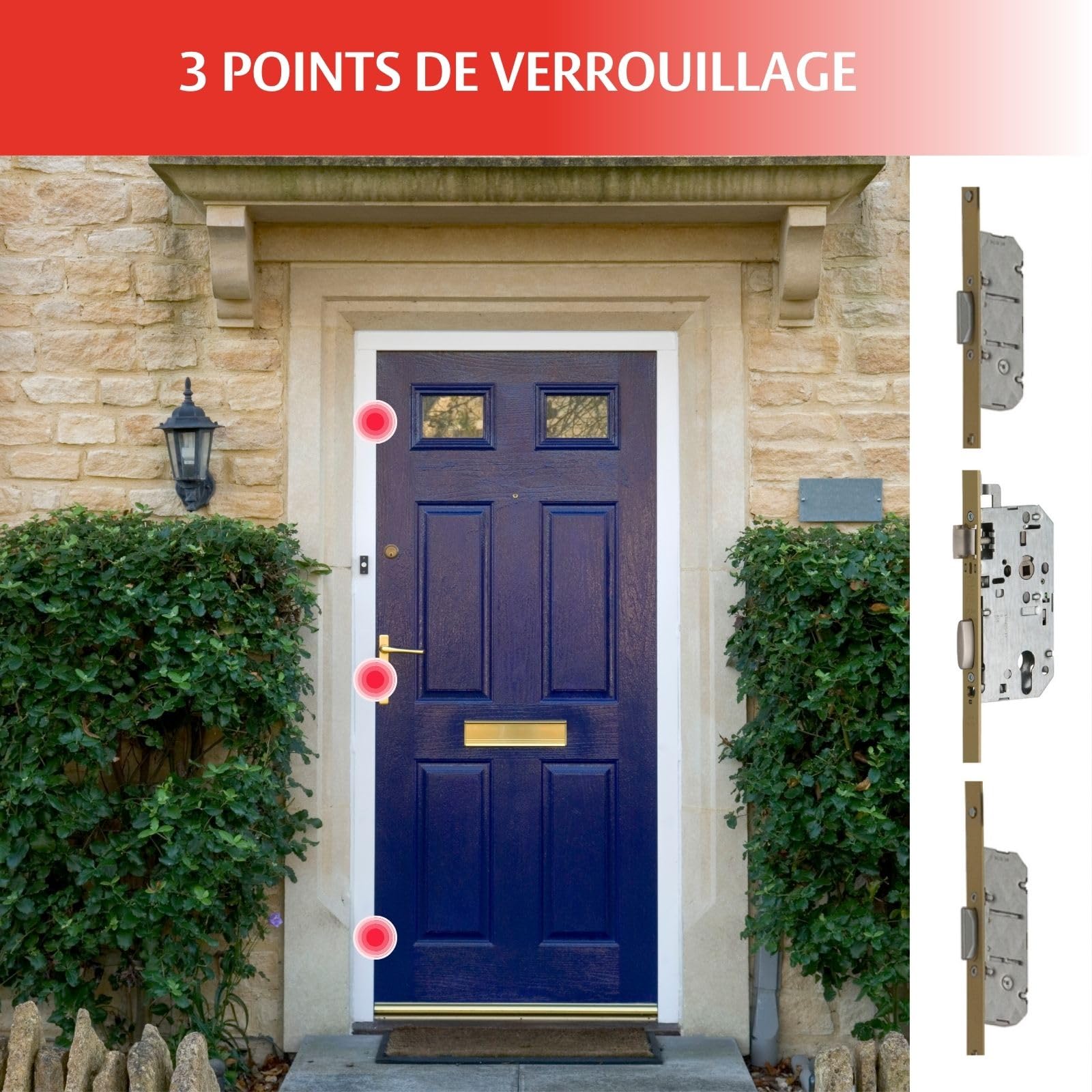 Vachette Serrure Multipoint en Applique 5000 T204G - 3 points - Axe 50, Entraxe 70 - Sans Gâche - Bouts Carrés - Gauche - Facile à Poser - Conforme aux Normes de Sécurité - Garantie 10 Ans
