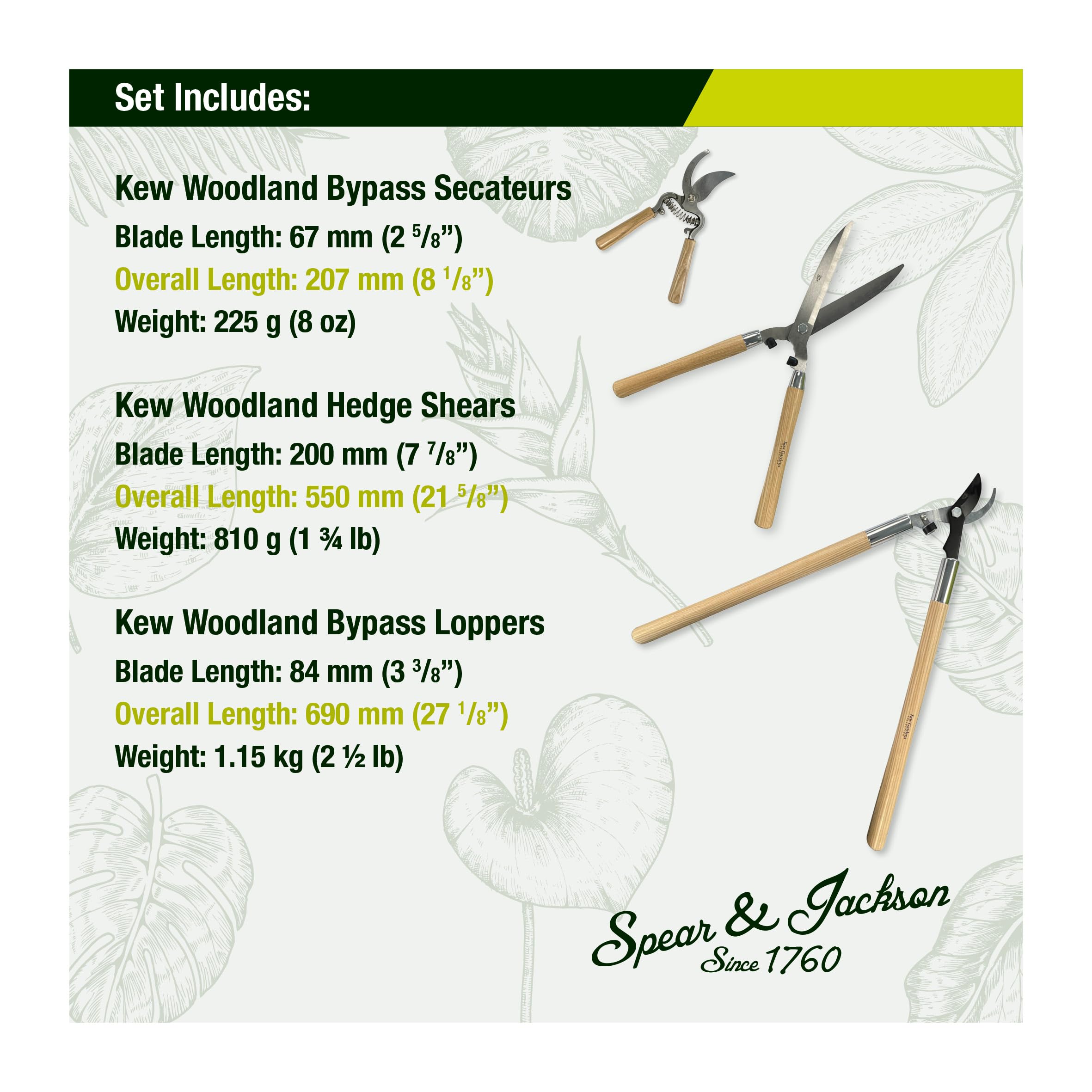 Spear & Jackson CUTSETKEW Kew Gardens Woodland 3 Piezas – Tijeras Bypass, Tijeras para Setos y Podadora Bypass – Hojas de Acero al Carbono, Mangos de Madera FSC