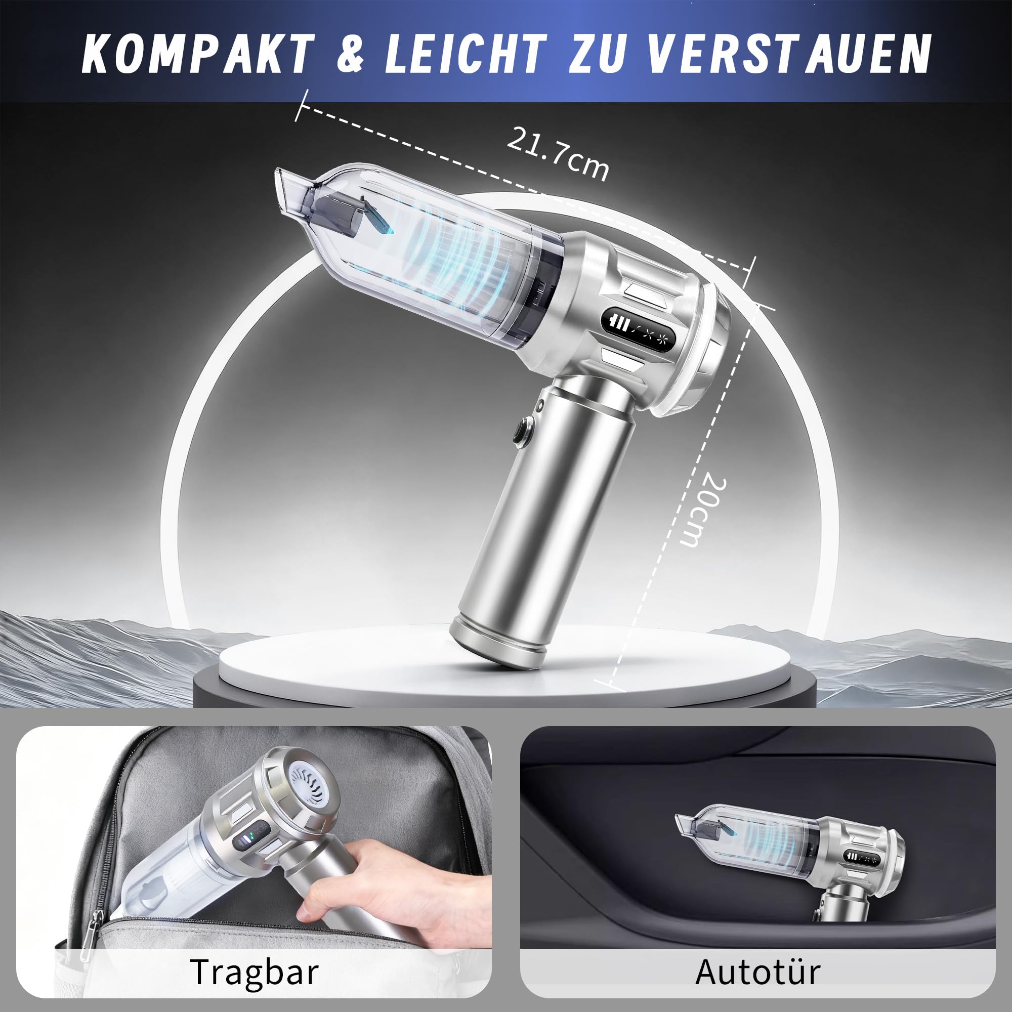 Citybee Aspirador de Mano sin Cable - Aspirador Coche Potente 25.000 Pa - 4 en 1 Aspirar y Soplado, Motor sin Escobillas - 3 Niveles, Luz LED, USB-C - Coche Hogar Pelo de Mascotas
