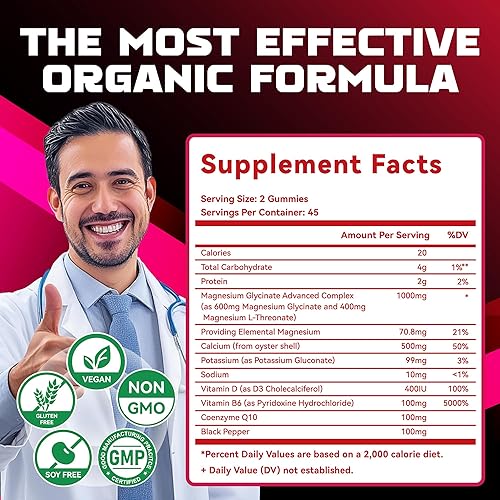 Miniatura 4 de Gomitas de glicinato de magnesio de 1000 mg  Suplemento de magnesio y potasio sin azúcar con vitamina D, B6, CoQ10 para calmar el estado de ánimo y