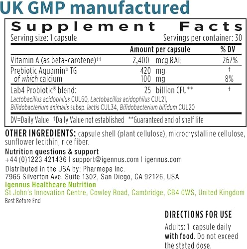 Miniatura 6 de Probióticos Live Cultures+ Lab4, Lactobacillus Acidophilus y Bifidobacterium, garantizados 25 mil millones de CFU, además de prebiótico no hinchable