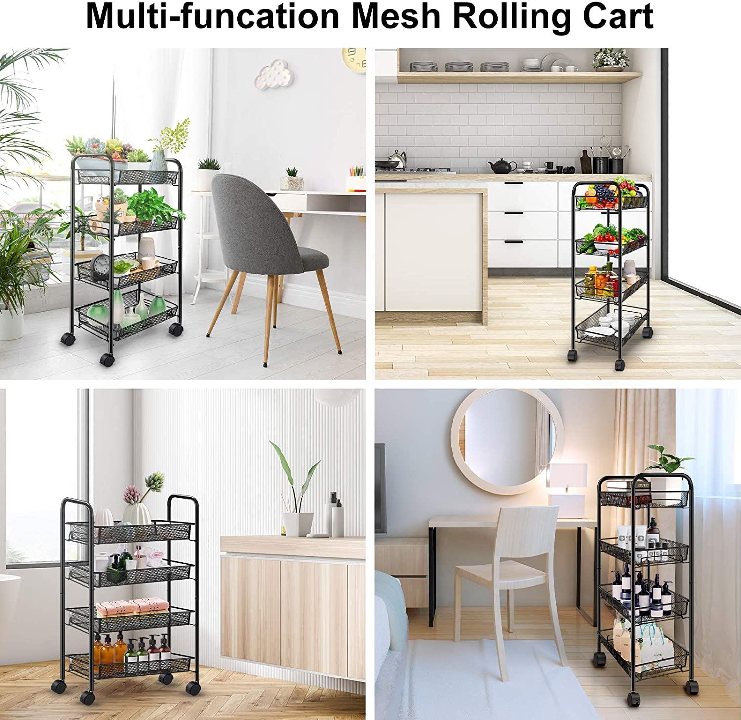 SIMPLI-Magic Carrito de Almacenamiento de 4 Niveles con cestas fijas, Metal, básico