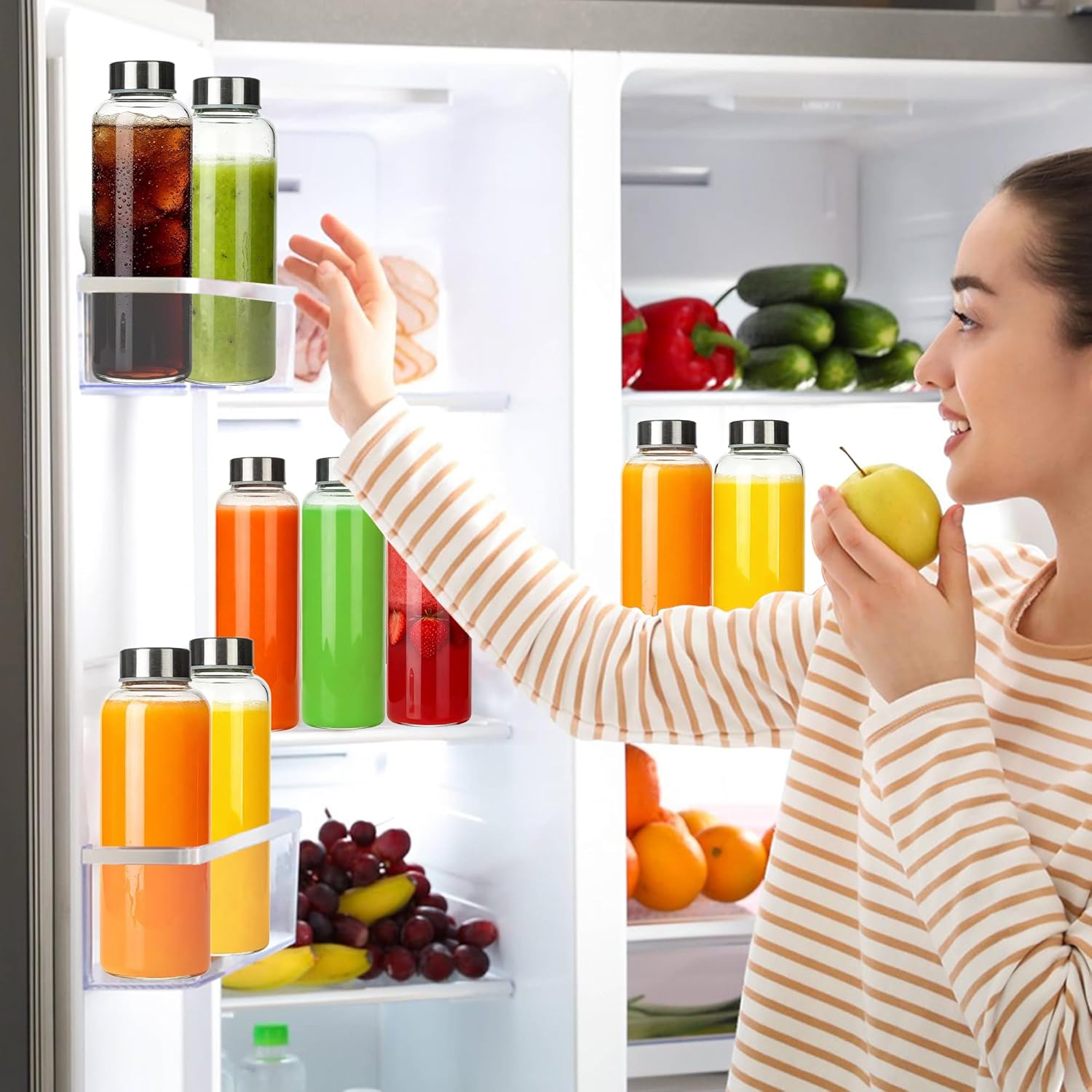 P&C GOODS Glass Juice Bottles with Lids Set of 8, Reusable Clear Glass Water Bottles 18oz with Stainless Steel Cap for Refrigerator, BPA Free and Leak Proof - Image 7