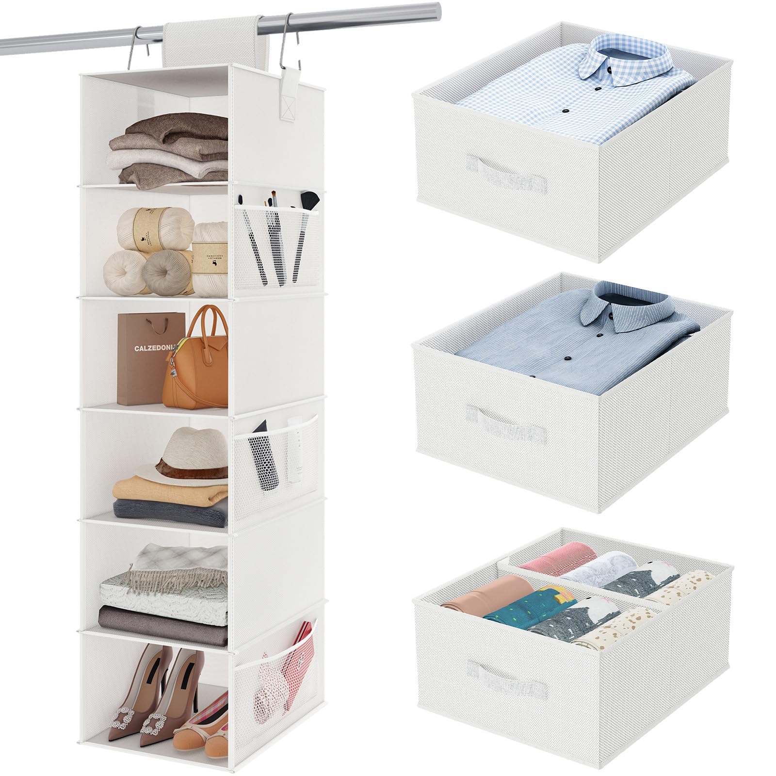 Fixwal 6-Shelf Hanging Closet Organizer Foldable Hanging Shelves for Closet with 3 Removable Drawers for Wardrobe Clothes and Accessories Storage (White)