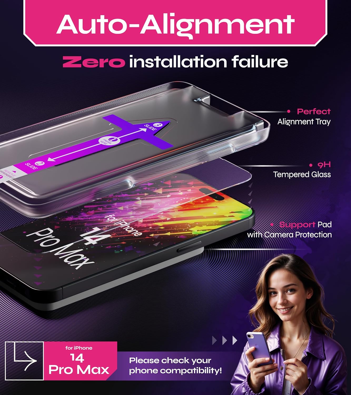 Defenslim Screen Protector for iPhone 14 Pro Max (2Pack), Easy Auto-Align Install Kit, 6.7 Tempered Glass, 9H Hardness, Ultra HD Clear, Case Friendly, EasyShield