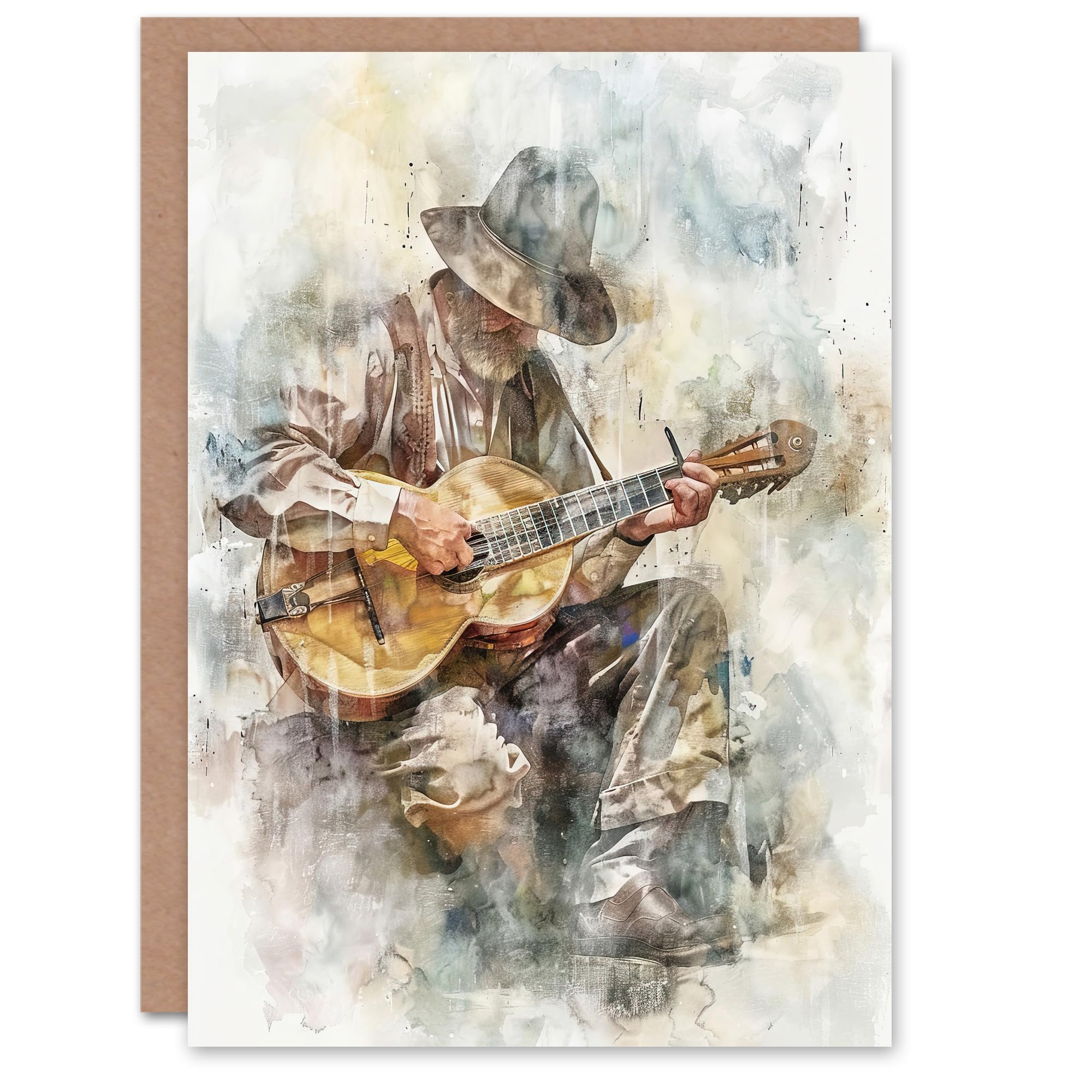 Artery8 Greeting Card Country Music Guitarist Watercolour Portrait Blank For All Him Or Her Art Birthday Card