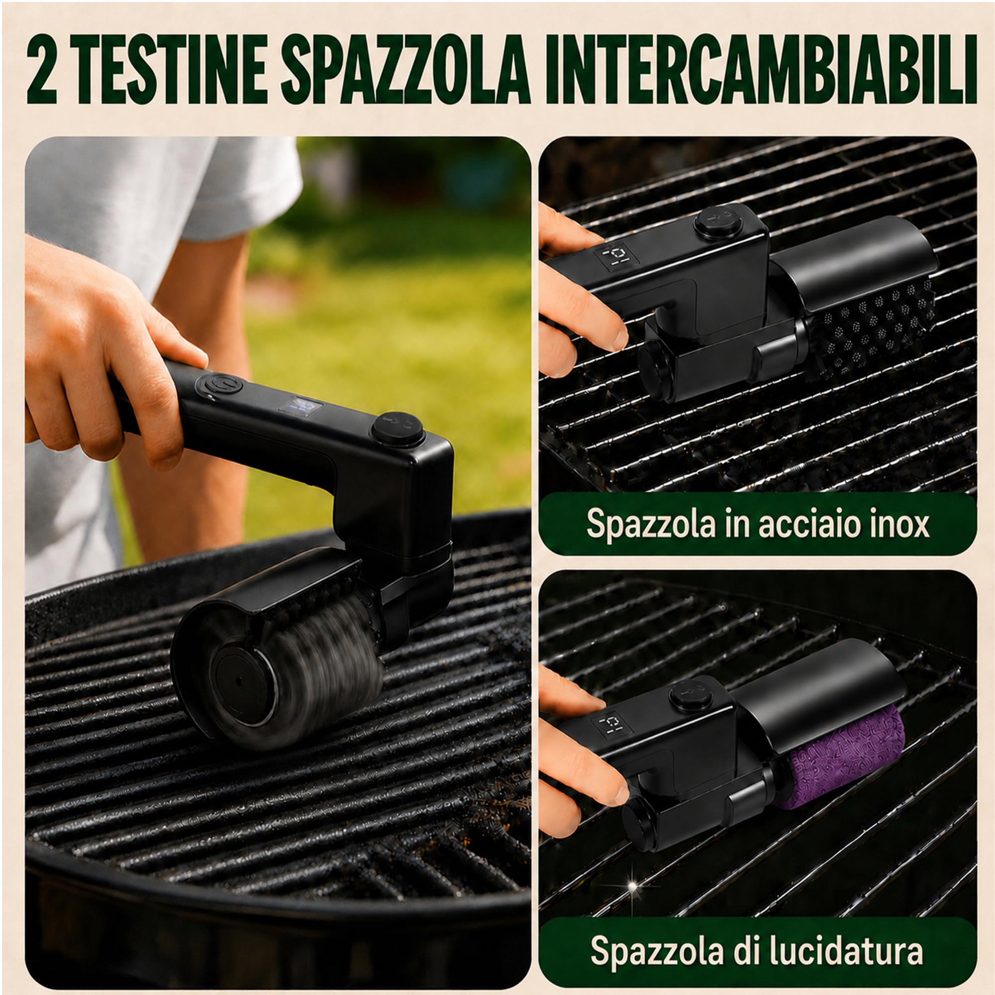 Spazzola Elettrica per Barbecue Senza Fili 270° Regolabile 2 Testina | in Acciaio Inox & Lucidante, Ricaricabile USB-C Pulitore Griglia 3 Velocità , 120 minuti, per Campeggio & BBQ Griglia