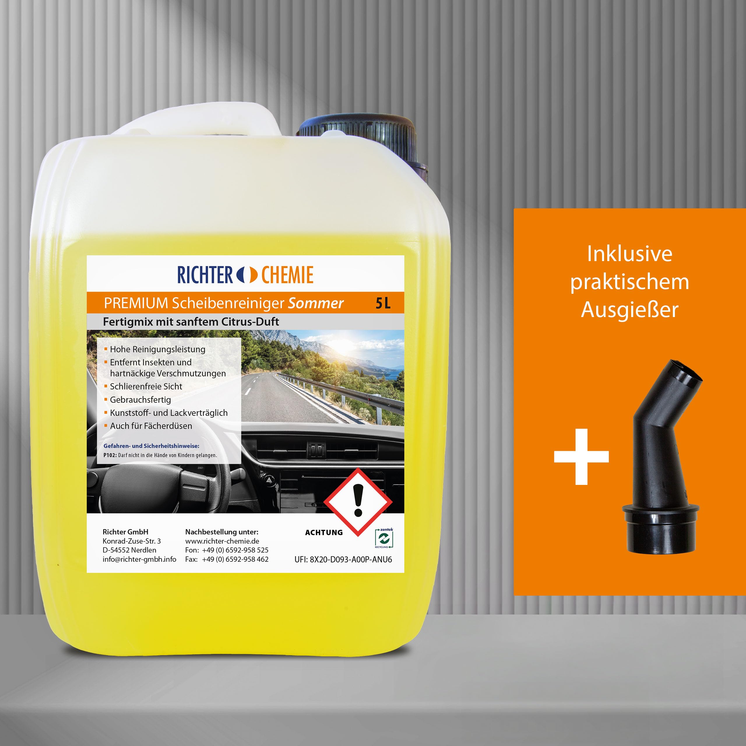 Richter Chemie Scheibenreiniger Sommer Scheibenwischwasser, 4 x 5 Liter | Streifenfreie Reinigung, Gegen Insekten & Teer, Kompatibel mit Fächerdüsen & SRA, Inkl. Ausgießer, Made in Germany