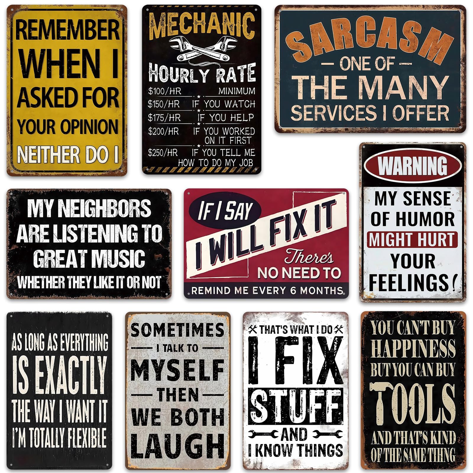 Confezione da 10 divertenti targhe in metallo vintage, 30,5 x 20,3 cm, decorazione umoristica da parete, per garage o cantina, ottimo regalo per papà, festa del papà o compleanno