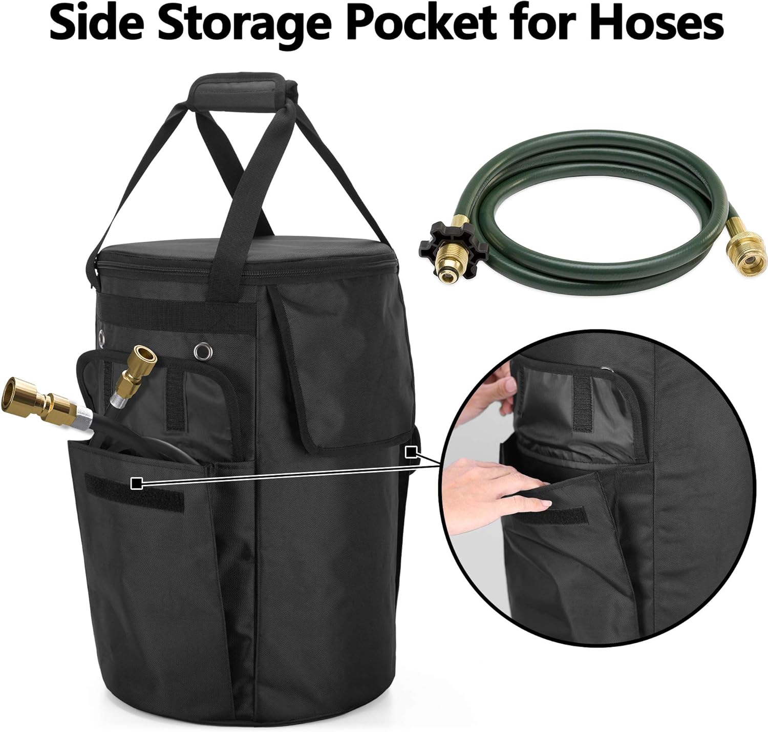 samdew Propane Tank Cover, 20 lb Propane Gas Tank Bag with Side Flip Flap and Stable Tabletop Feature, 2 Storage Pockets, Ventilated with 4 Holes, Water & Wear Resistant, Black, Bag Only