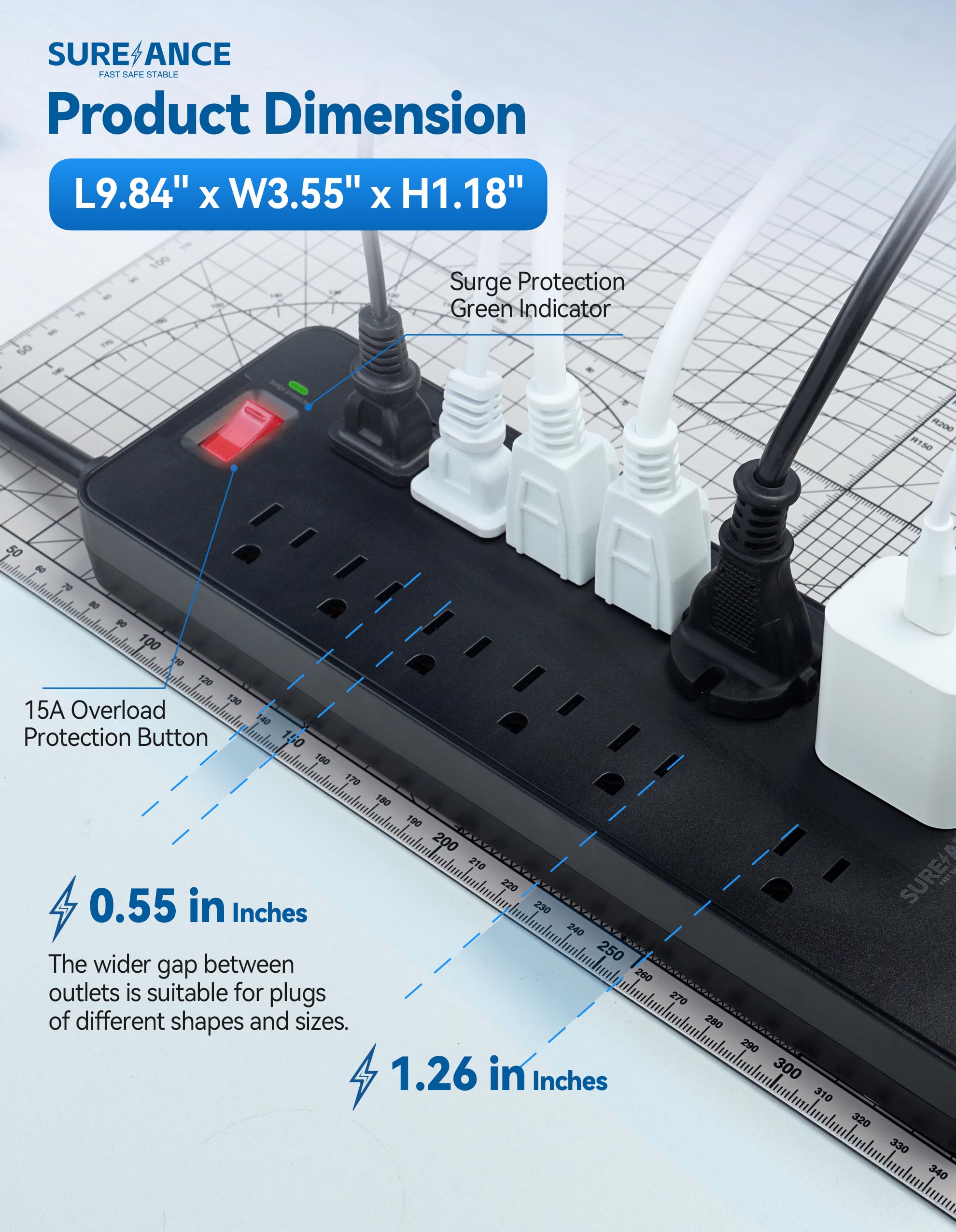 Protector de sobretensiones de regleta de alimentación, 1875W/15A, 2100J, cable de extensión montado en enchufe plano de 6 pies con 10 salidas + 4 puertos USB-A + 1 USB-C, múltiples