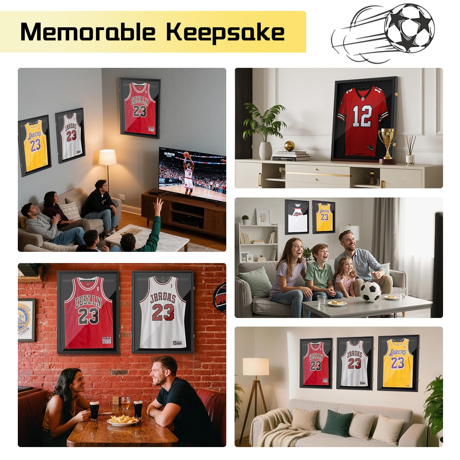 Trikotrahmen Fußball 70x90cm, Trikot Bilderrahmen, Schwarzer Bilderrahmen für Trikot mit Acrylglas und Sicherheitsschloss, zum Aufhängen, for XL Eishockey Fußball Basketball T Shirt