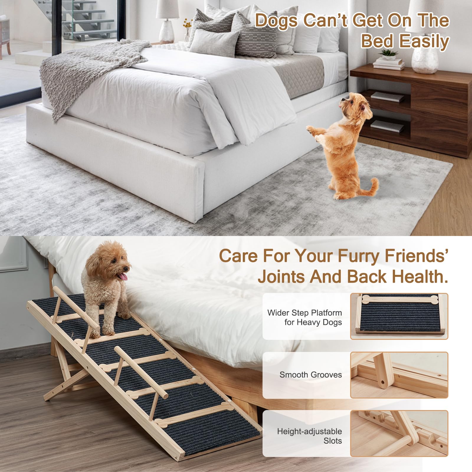 Rampe pour chien en bois pour lit haut, 120 cm de long, rampe antidérapante pour canapé, 6 hauteurs réglables de 40 à 71 cm, avec tapis de traction antidérapant pour chiens de petite, moyenne et