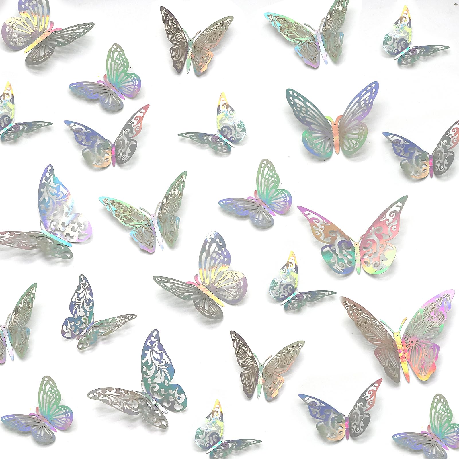 DNDGDLUA 48 pegatinas decorativas de mariposa plateadas, pegatinas de pared mariposa 3D, pegatinas de mariposa realistas para decoración de tartas, globos, flores, espejos, regalo