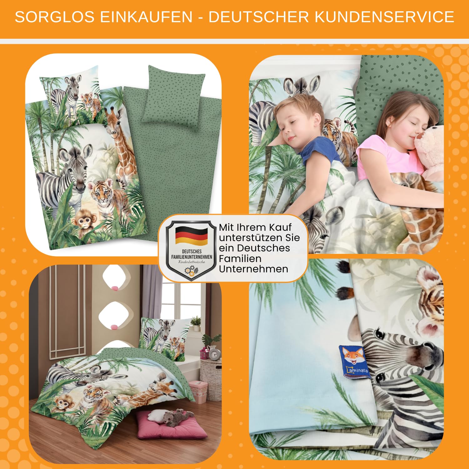 Aminata kids Bettwäsche Zootiere 135x200 Mädchen und Jungen 100% Baumwolle YKK Reißverschluss grün Kinderbettwäsche Dschungel Giraffe Löwe Zebra AFFE