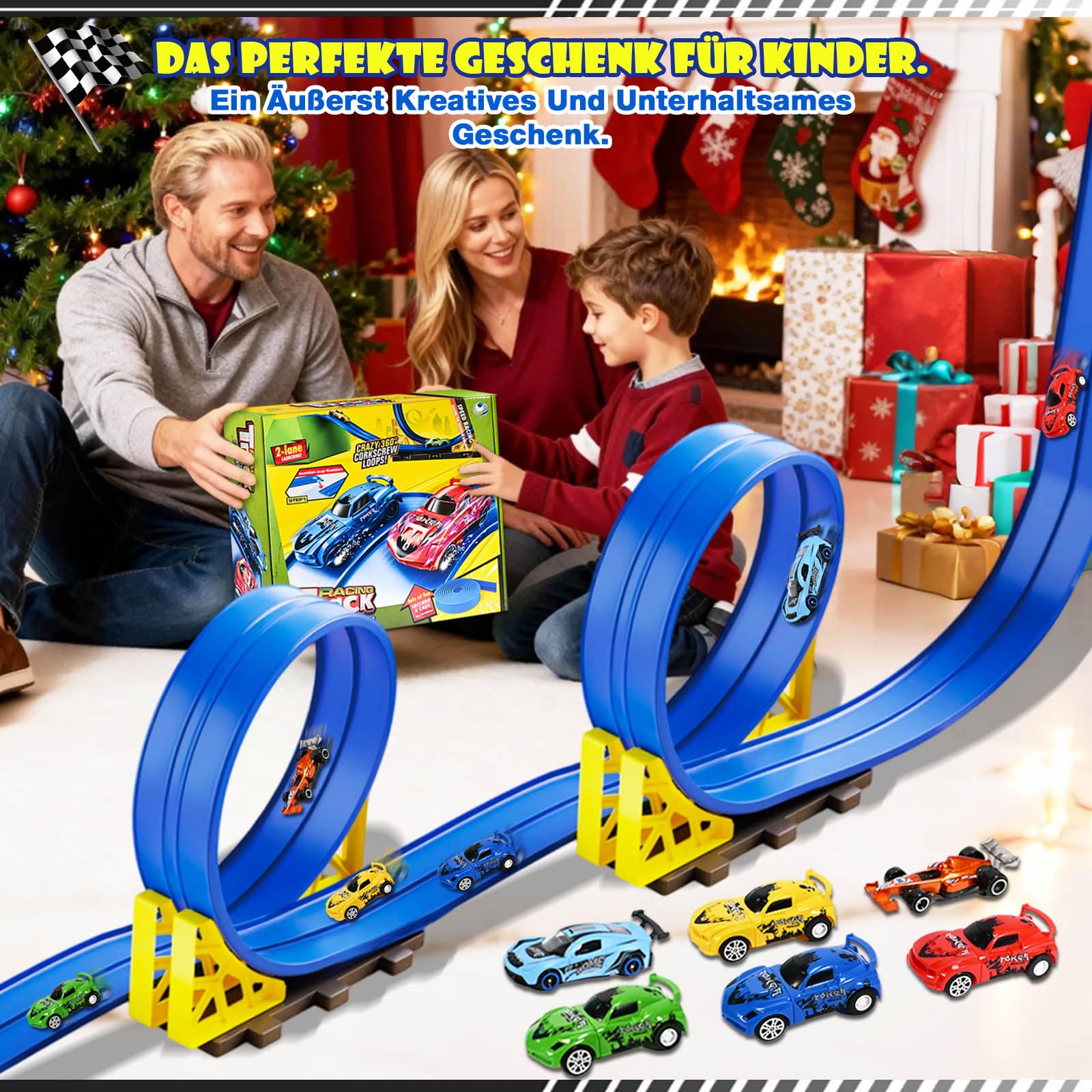 Circuit Voiture Enfant 5M, Piste de Course pour Voiture Double, 1:64 Circuit Flexible Voies avec 6 Voitures, Circuit de Voiture avec Sac de Rangement Ventouse Cadeau pour Garçons Filles (Bleu)