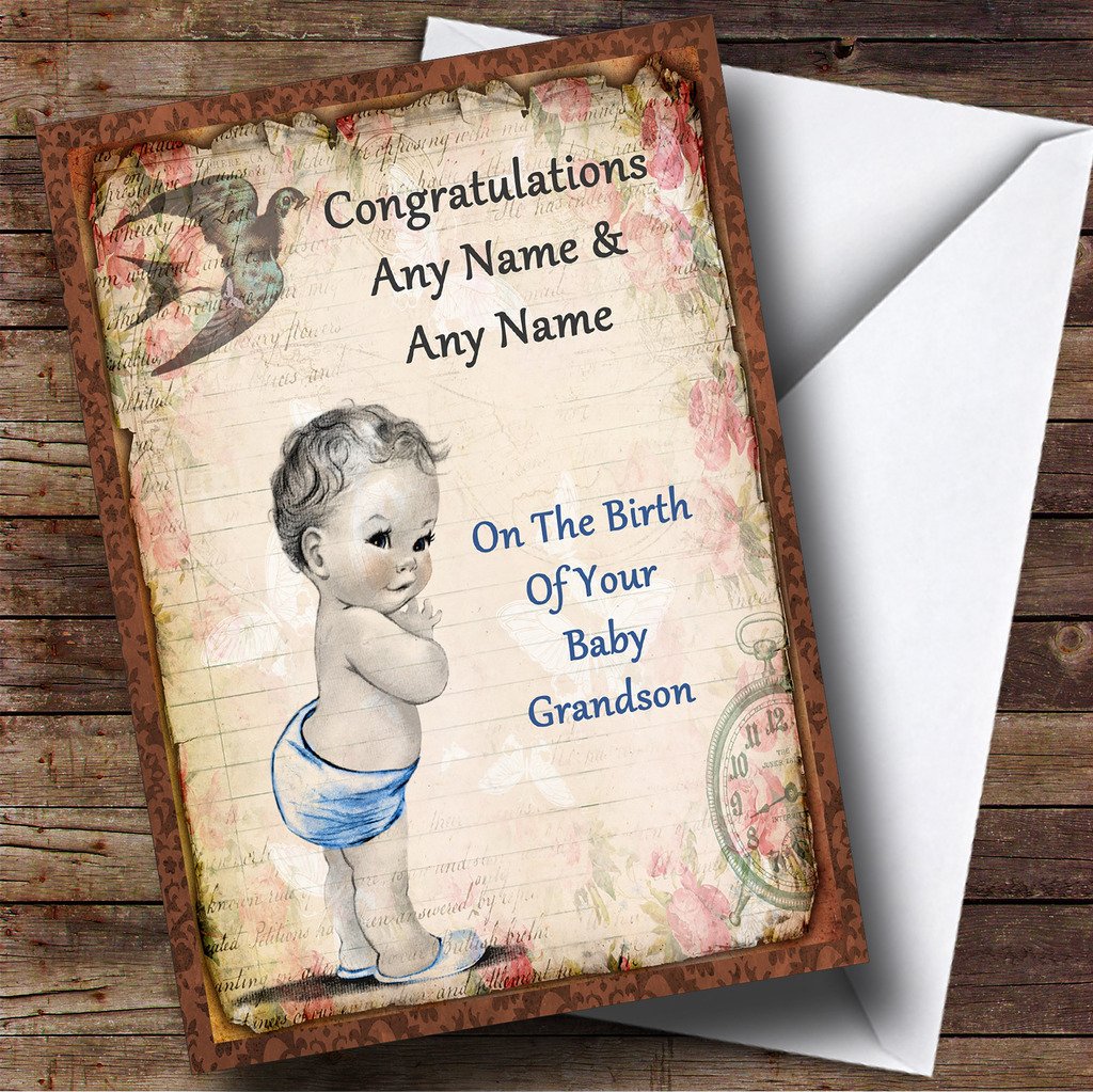 Vintage Baby Boy Grandson Personalised New Baby Card | New Baby Card | New Arrival