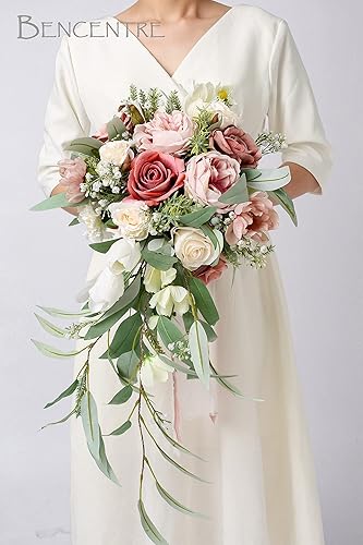 Miniatura 3 de Ramo de novia rosa polvorienta y rosa de 12 pulgadas, ramo en cascada, ramo de boda, para aniversario de ceremonia de boda, fiesta y boda rústica