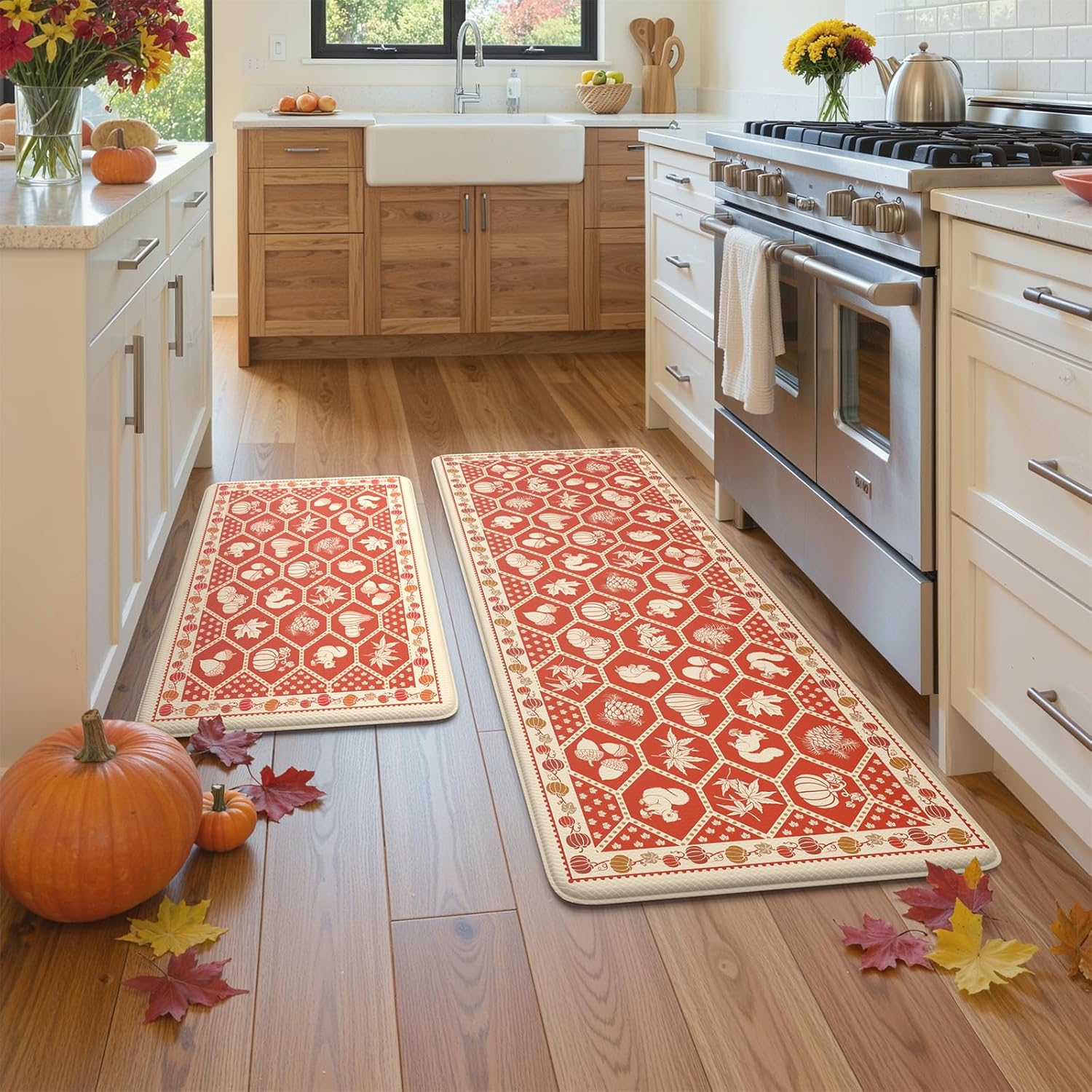 KIMODE Anti Fatigue Kitchen Mats for Floor, Fall Decor Moroccan Kitchen Rugs, Cushioned Kitchen Floor Mats Non Slip, Autumn Halloween Standing Mat for Laundry Office Sink Desk Orange 17"x47"+17"x29"