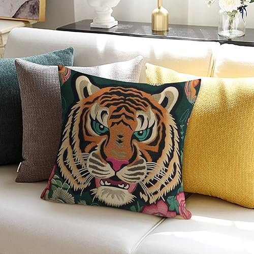 Miniatura 5 de ArogGeld Funda de almohada de tigre colorido estilo chinoiserie, funda de almohada europea de tigre tibetano, funda de almohada asiática de 20 x 20