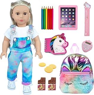 DONTNO 18 Inch American Doll Accessories, Cute School Supplies Set for 18 Inch Doll- Doll Clothes, Denim Suspenders, Doll Bag, Pencil, Ruler, Baby Doll Pretend Gift for Girls