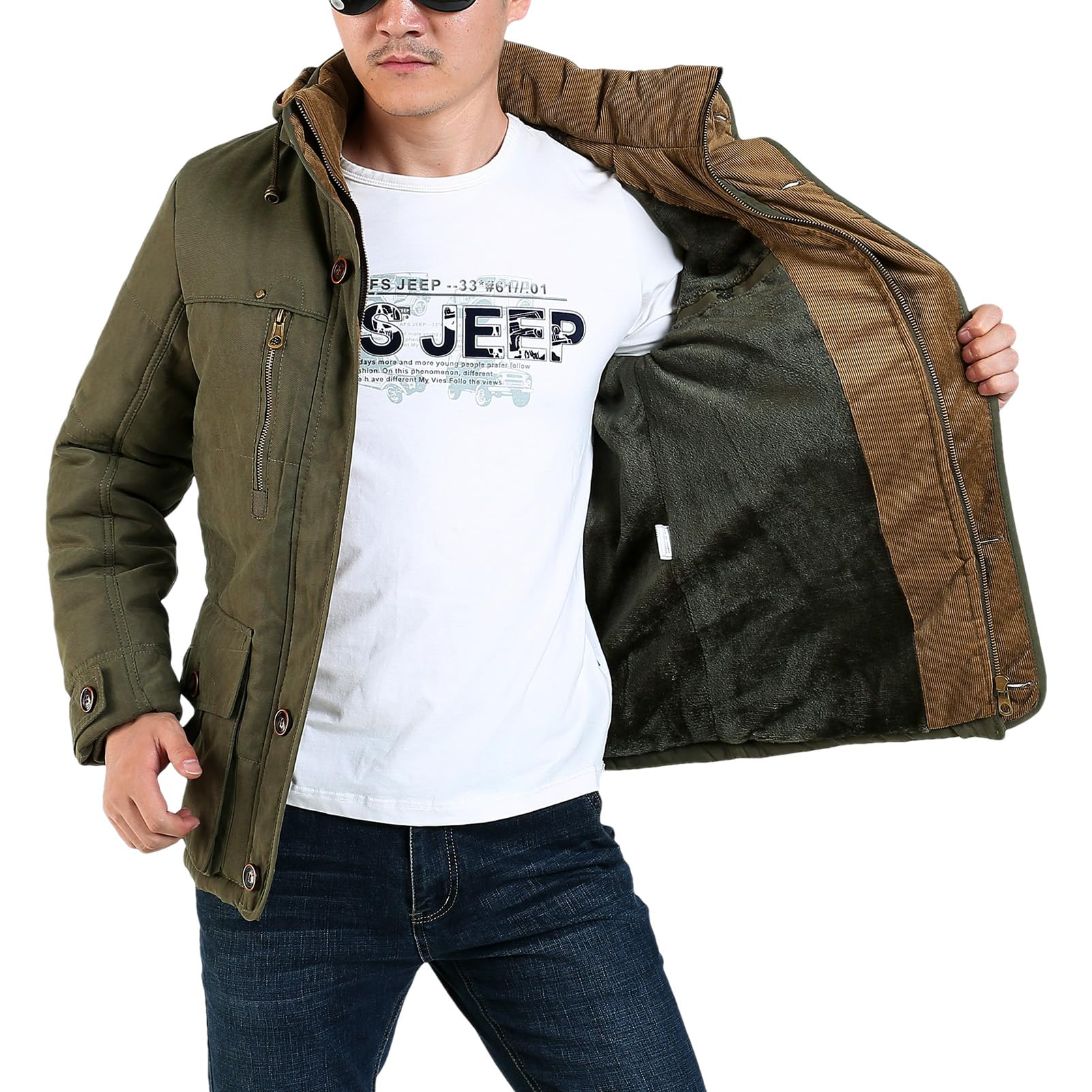 ANUFER Herren Thermo-Baumwoll-Wattierte Parka-Jacke mit Kapuze