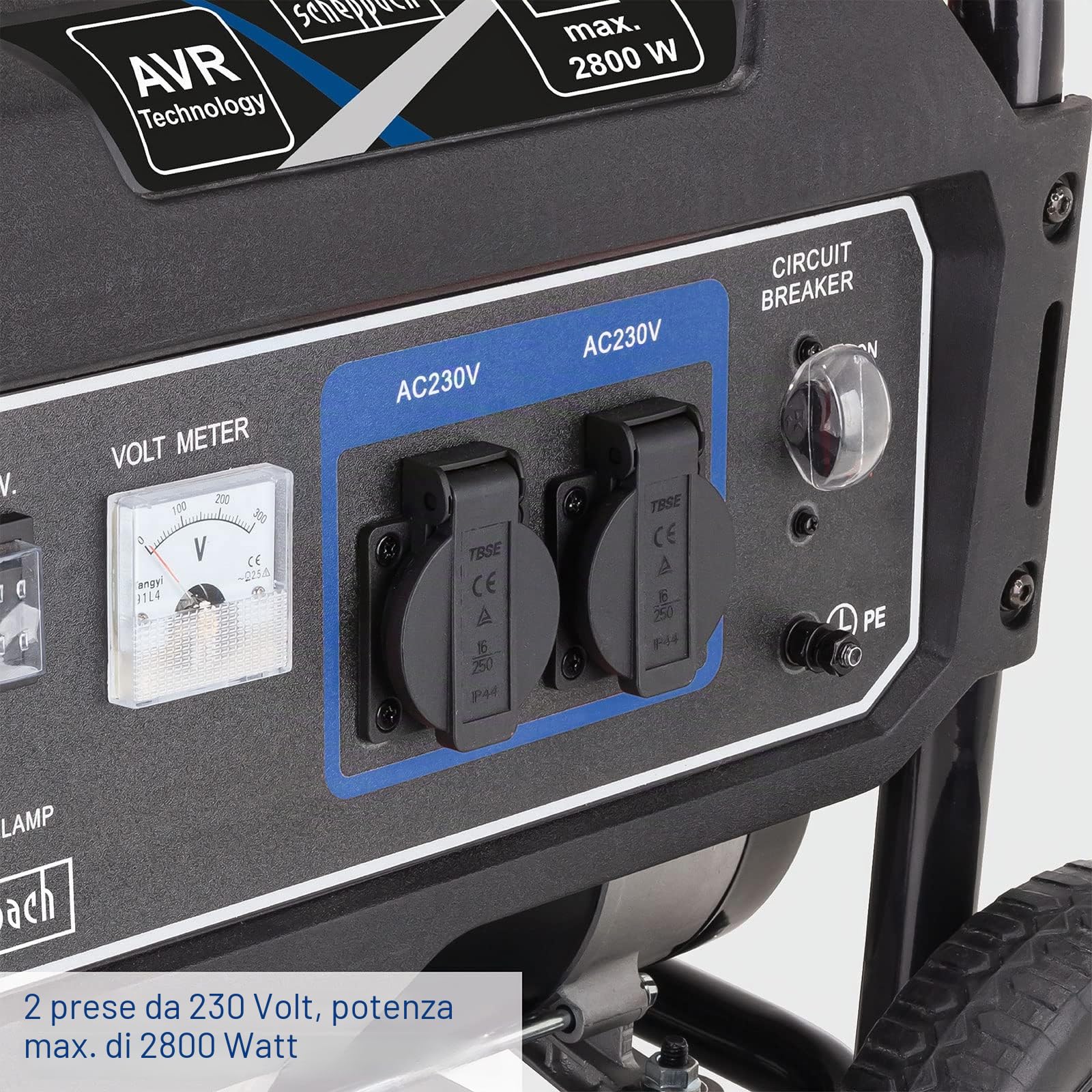 Scheppach SG3200x Generatore di corrente | Generatore di corrente di emergenza 2800W | Potenza 6CVX | Serbatoio 15L | Motore a 4 tempi 212 cm³ | 2 prese 230V | Maniglia e dispositivo di spostamento