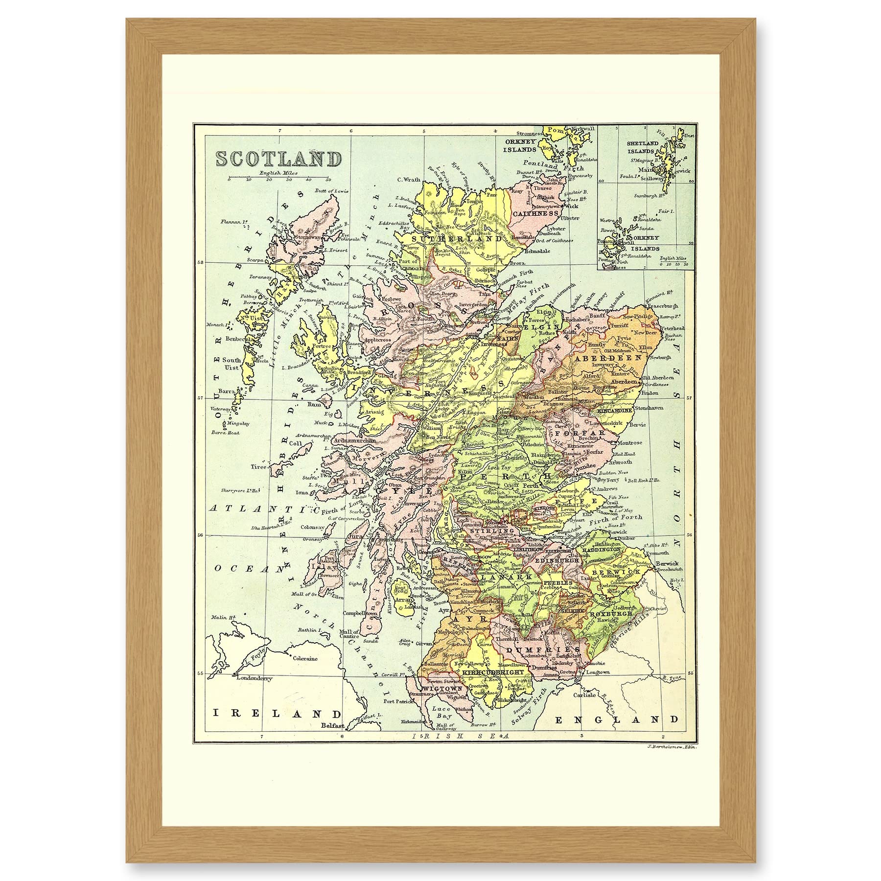 Map Bartholemew Scotland Counties UK - Framed Wall Art Print A4 - Artery8