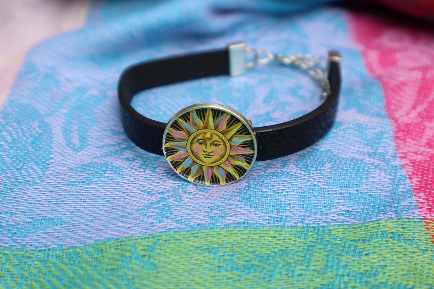 Handmade Adjustable Black Leather Boho Sun Cuff Bracelet with Hand Painted Accents Celestial Bohemian Jewelry for Young Women