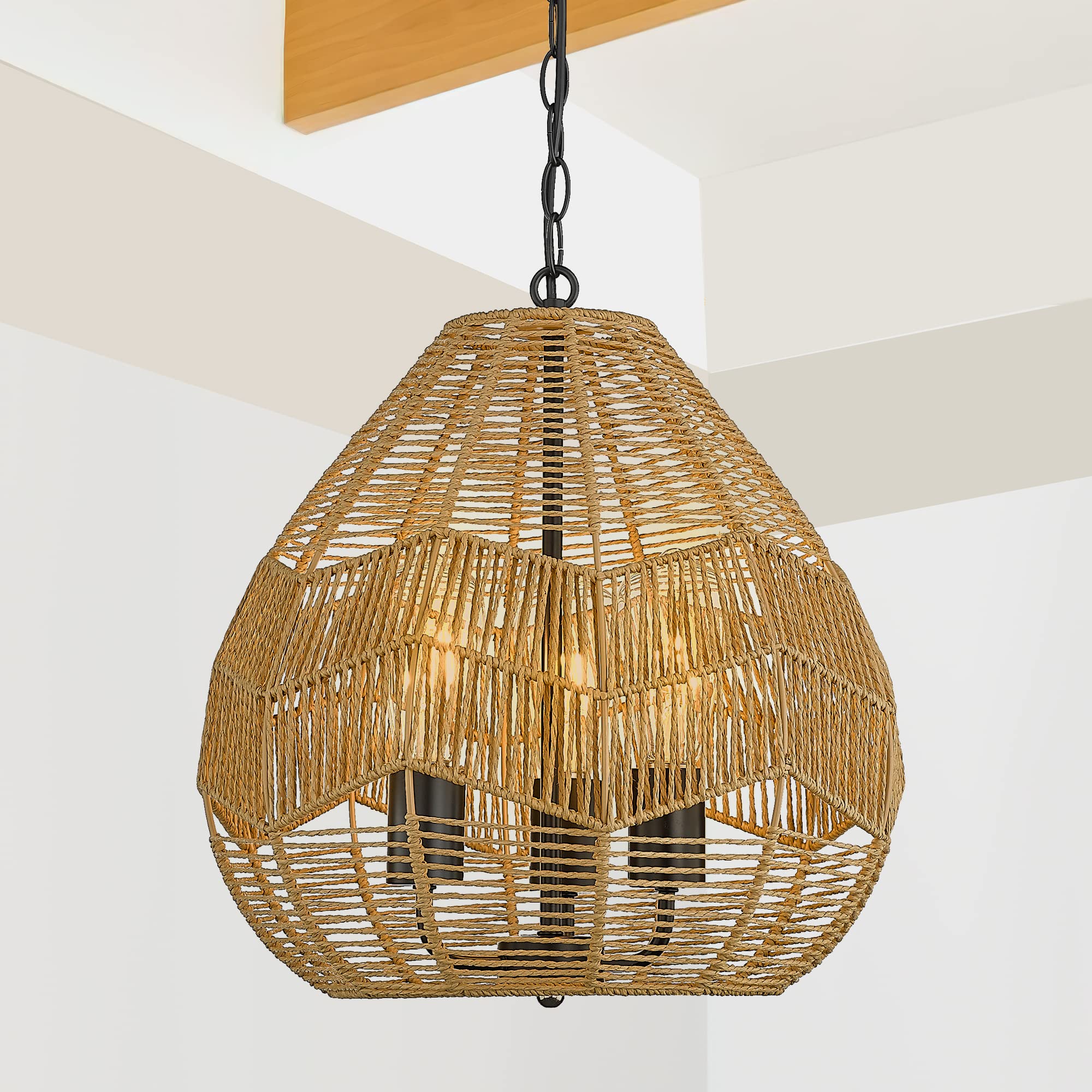 ELYONA 3-Light Boho Chandelier, 15.7” Woven Pendant Light Rattan Basket ...