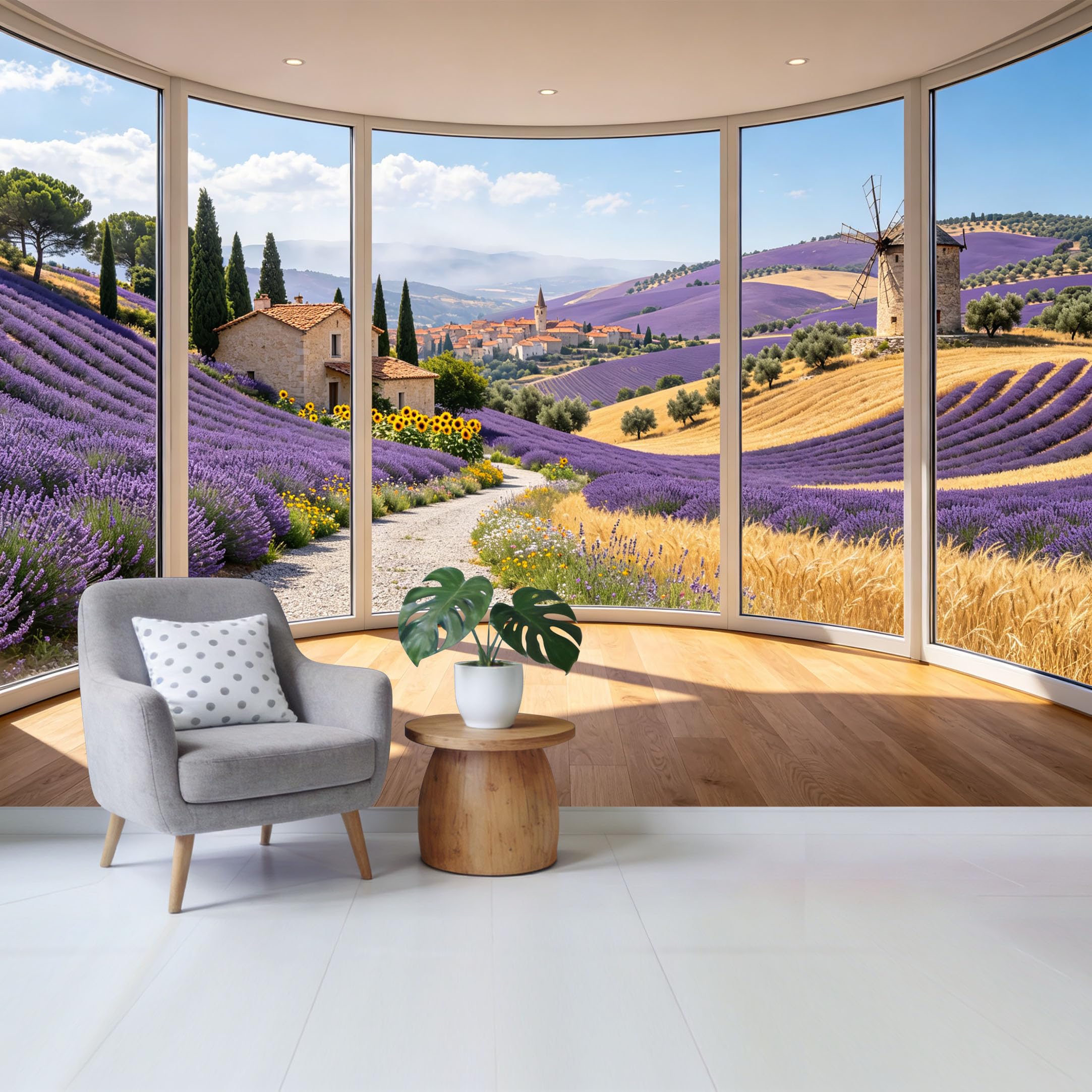 Removable Self Adhesive Fabric Mural， Provence Lavender Field Windmill Custom Size Wall Covering， UV Protected Waterproof Washable Wall Decor for Living Room Bedroom Bathroom