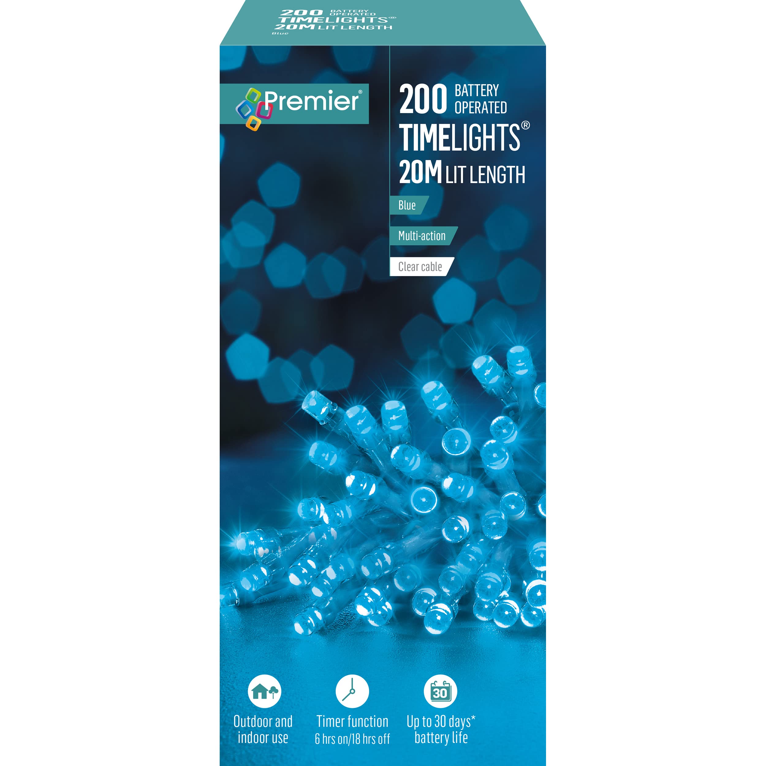 Premier Timelights 200 LEDs Battery Operated Multi Action Timer Function 20m Lit Length - Blue