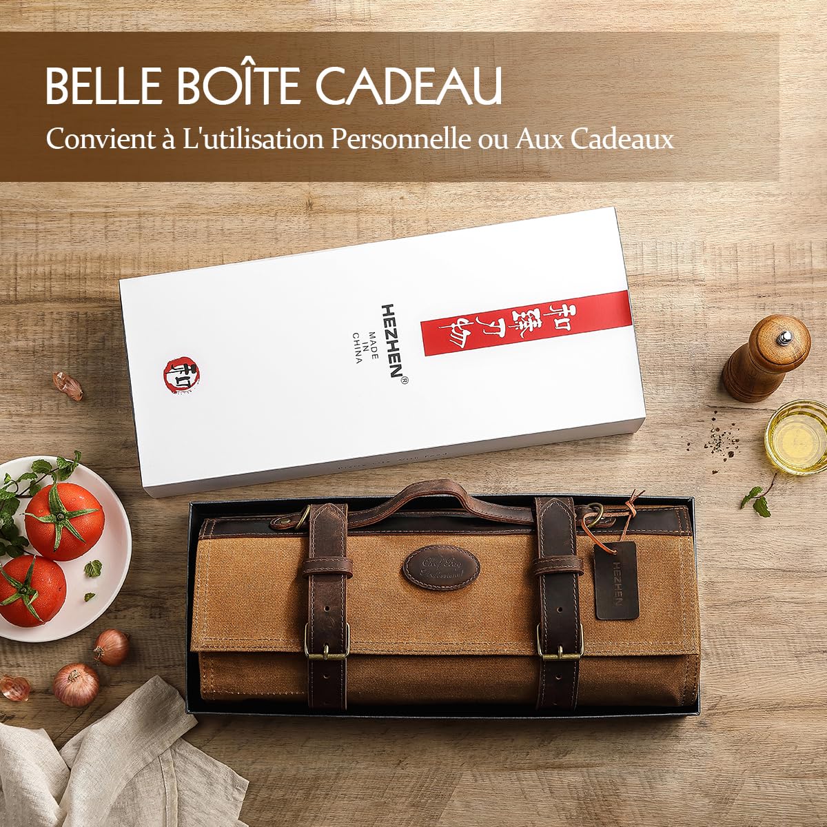 HEZHEN Sac à Couteaux de Chef，Rouleau de Couteau (sans Couteau)-Jaune Brun | 16oz Huile Ciré Toile, Imperméable,Bandoulière Réglable,12 Fentes & 2 Poche Zip, Portable Sacoche pour Rangement Couteau