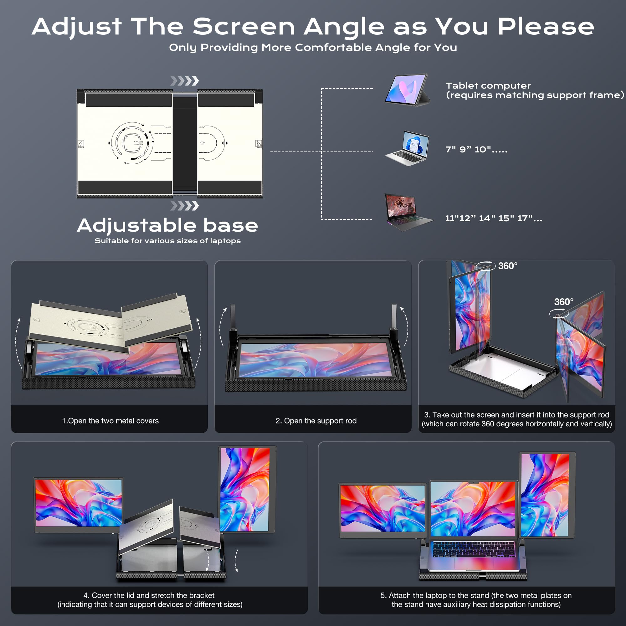 SMISEACOW Monitor portatile per laptop–Rotazione a 360° F3 Monitor portatile triplo, orizzontale e verticale, con supporto, 14 pollici IPS FHD 1080P, compatibile con PS5, Windows/Mac e laptop/Mini PC