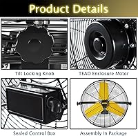 Vista 5 de HiCFM Ventilador industrial de pared 9100 CFM de 24 pulgadas con motor de recinto TEAO, rodamiento de bolas lubricado permanente, cable de 9 pies
