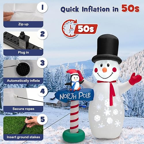 Miniatura 9 de Tangkula Muñeco de nieve inflable de Navidad de 6 pies, decoración de Navidad inflable con poste guía de pingüino, letrero de poste norte, muñeco de