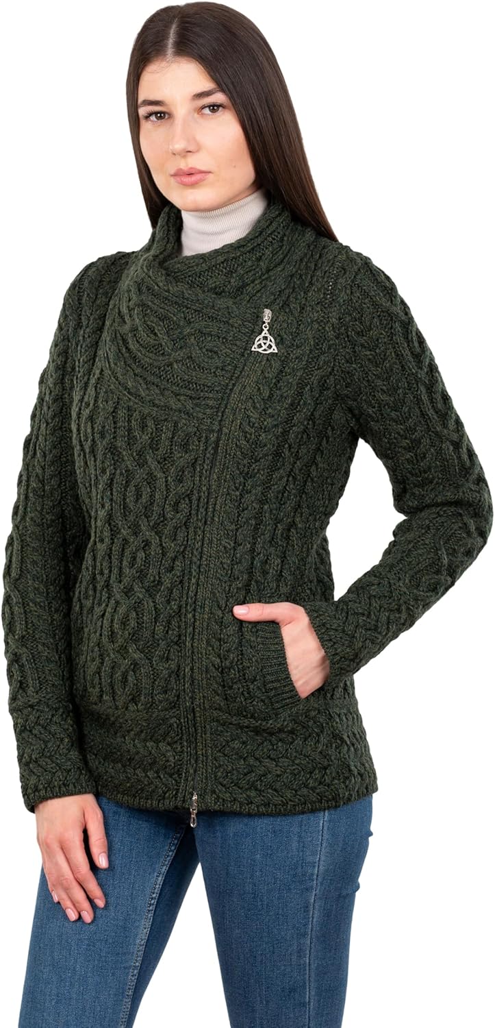 SAOL Irish Cardigan for Women Made of 100% Merino Wool Ireland Sweater Cable Knit Zip Jacket - Image 2