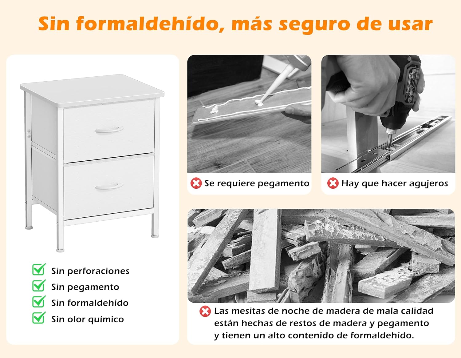 Diagram illustrating the ease of assembly for the HOMIDEC bedside table, highlighting no drilling, no glue, no formaldehyde, and no chemical smell.