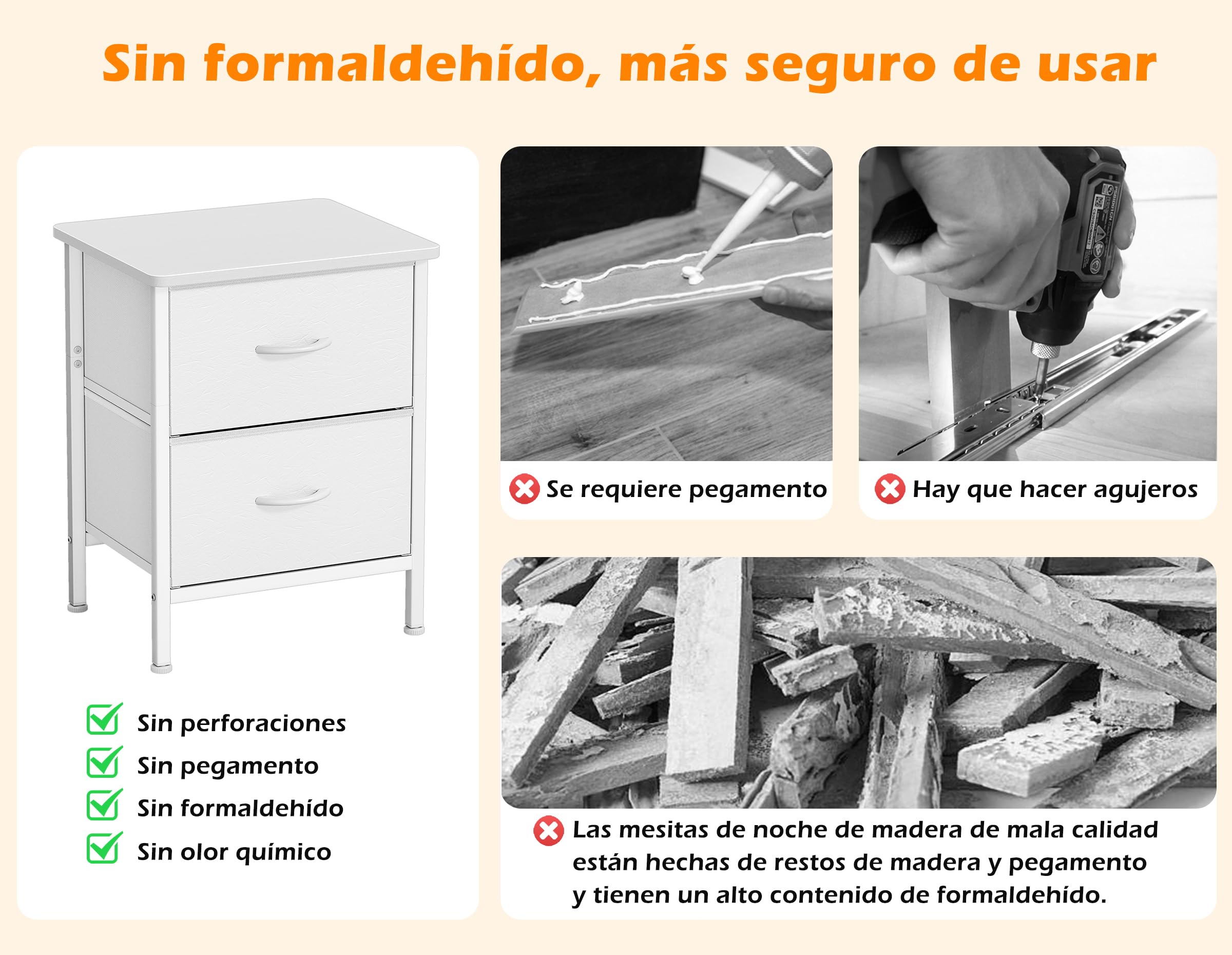 HOMIDEC Mesita de Noche, Juego de 2 Mesitas de Noche con Estructura de Metal y 2 Cajones de Tela de Gran Capacidad para Dormitorio, Salón, Color Blanco, 42 x 30 x 55 cm