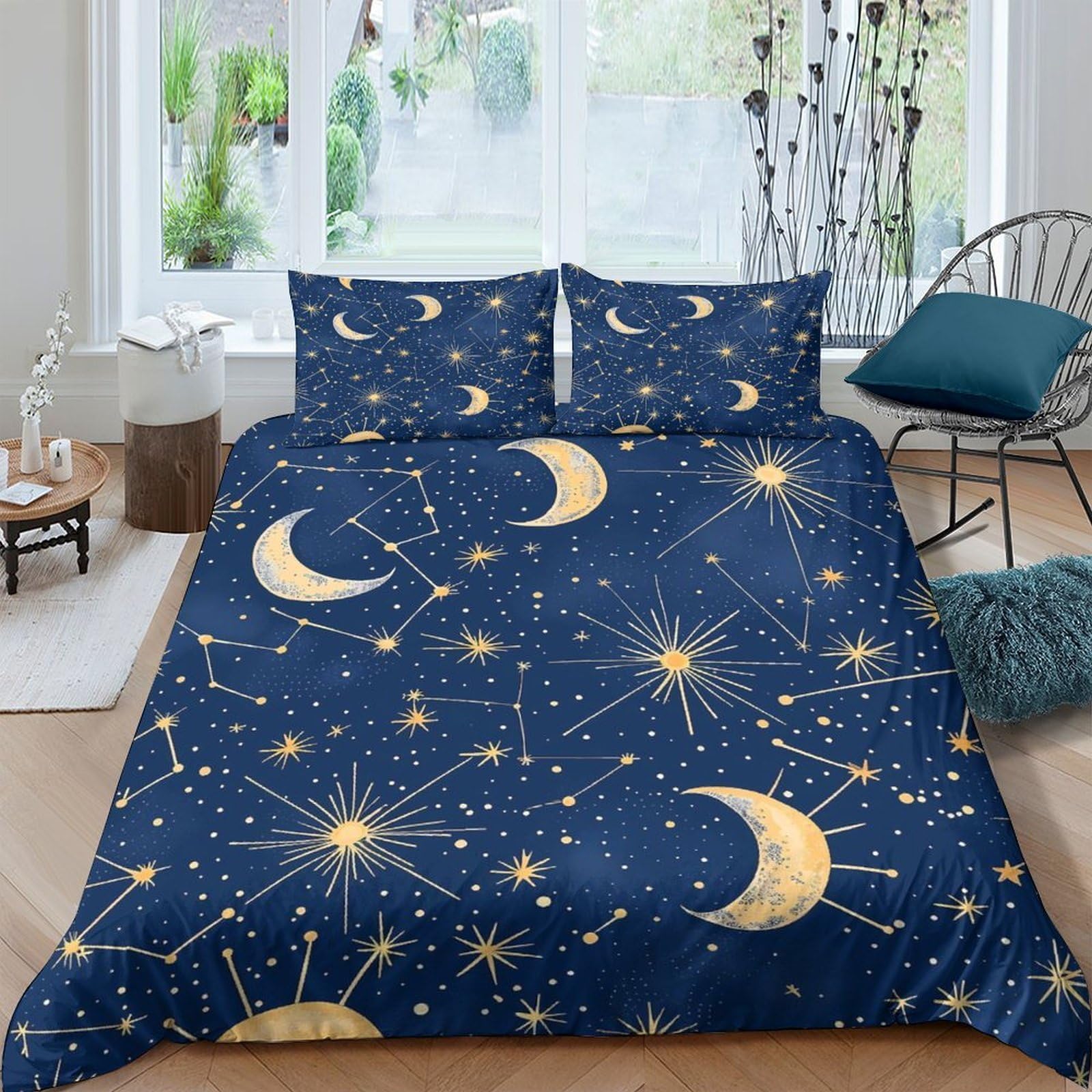 Ctjqhvkz Style-10 3D Printed Moon Star Galaxy Fitted Sheet Microfiber Soft Dark Blue Cosmic Sky Mattress Cover Bedroom Decor Single（135X200cm）