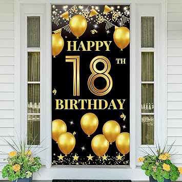 Vicycaty Happy 18th Birthday Decorations for Boys Girls, 18th Birthday Banner Backdrop, Fabric 18 Year Old Party Yard Sign Photo Props Door Decor Supplies, Black Gold Theme for Indoor Outdoor