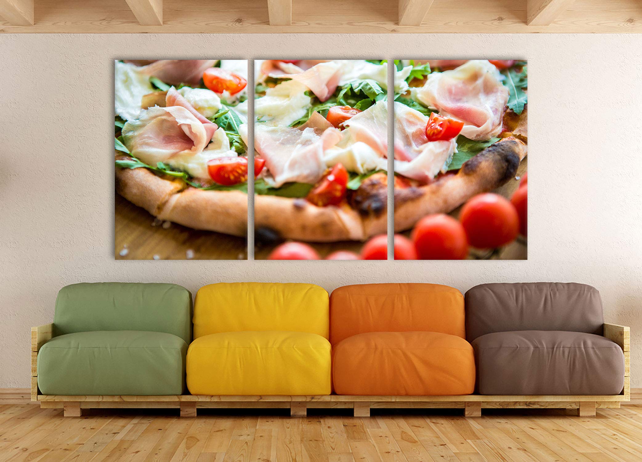 Pixxprint Pizza mit Parmaschinken als XXL Leinwandbild in Übergröße 240x120cm Gesamtmaß 3 teilig, Wandbild, Kunstdruck