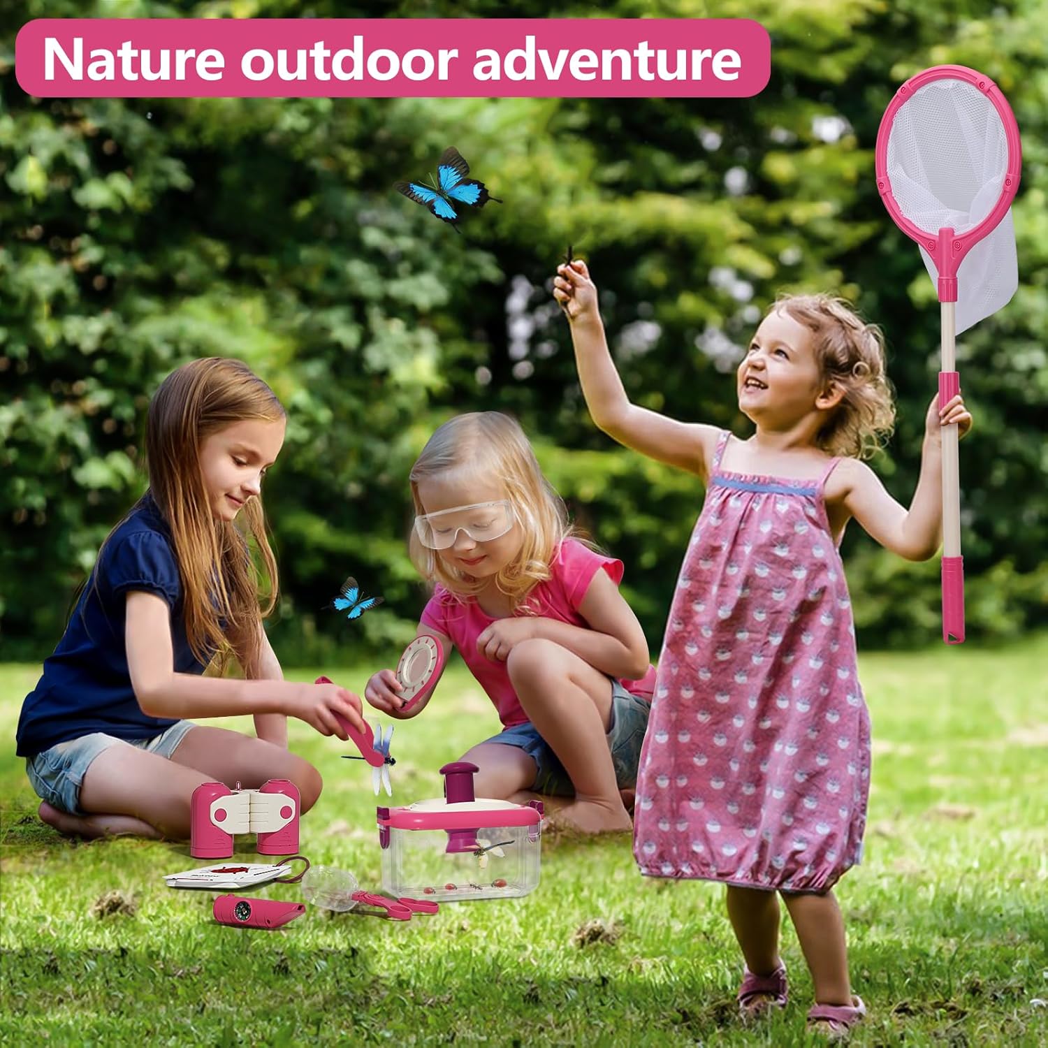 Children's Outdoor Adventure Kit,with Bug Catching Net, Explorer Compass with Whistle, Magnifying Glass Viewer, and Kids Binoculars, for Boys & Girls Ages 3+